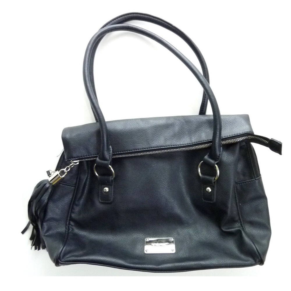 Nine West Black Faux Leather Foldover Tassel Handbag